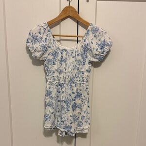 Floral Puff Sleeve Romper - Blue and White